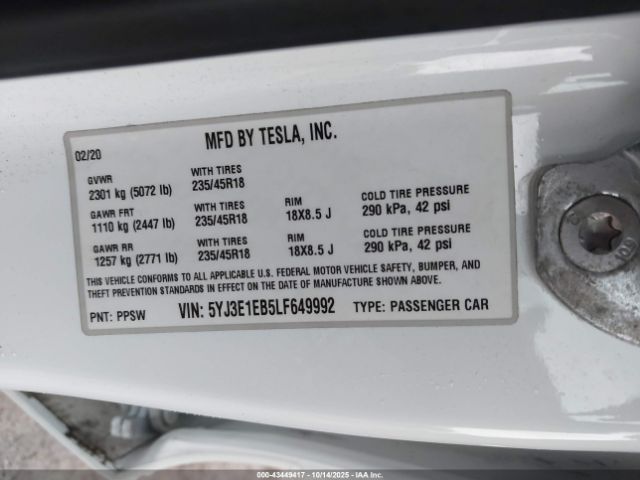 2020 TESLA MODEL 3 5YJ3E1EB5LF649992 Photo 8
