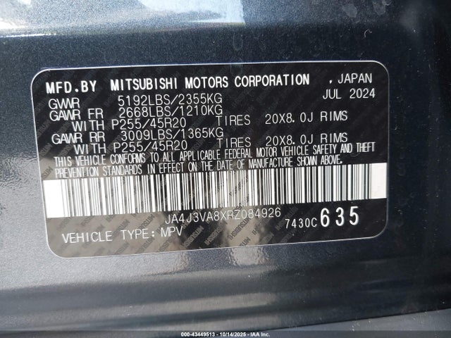Aukcja sprzedaży 2024 Mitsubishi Outlander Se 2.5 2wd, vin: JA4J3VA8XRZ084926, numer aukcji: 43449513
