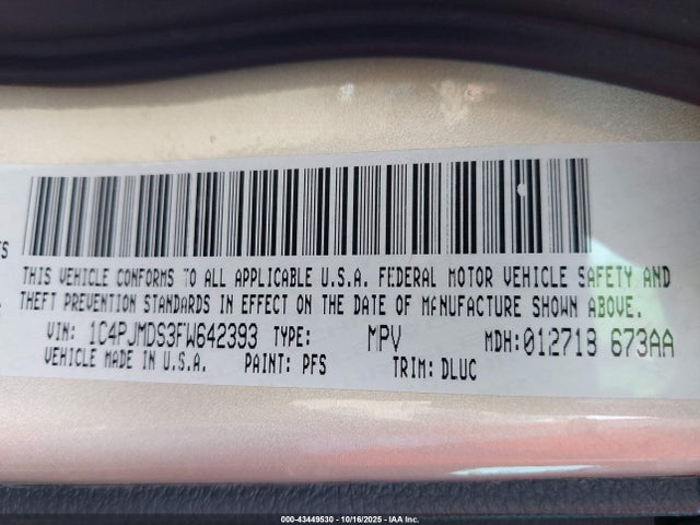2015 Jeep Cherokee Limited მანქანა იყიდება აუქციონზე, vin: 1C4PJMDS3FW642393, აუქციონის ნომერი: 43449530