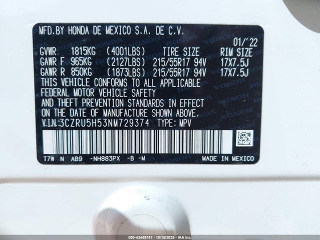 3CZRU5H53NM729374 Honda r18z9