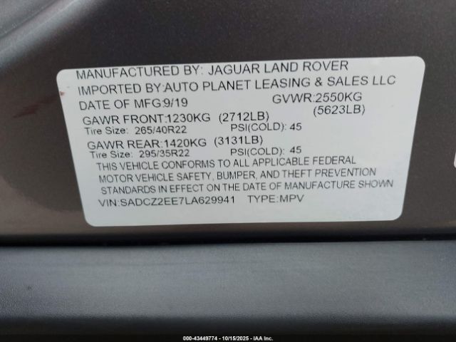 2020 JAGUAR F-PACE SADCZ2EE7LA629941 Photo 8