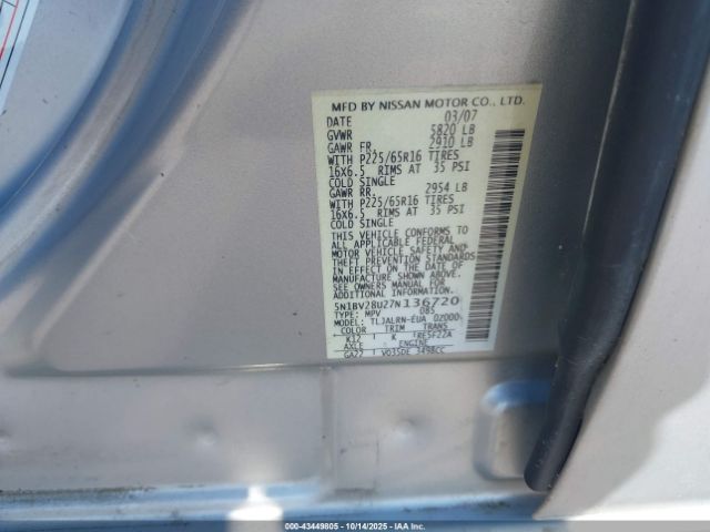 2007 NISSAN QUEST 5N1BV28U27N136720 Photo 8