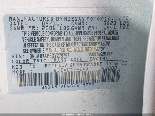 3N1AB7AP6GY279797 Nissan SENTRA SV