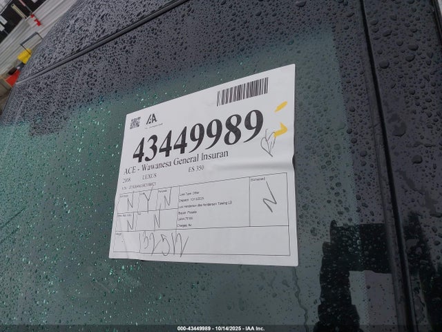 Продажа на аукционе авто 2008 Lexus Es 350, vin: JTHBJ46G582188823, номер лота: 43449989