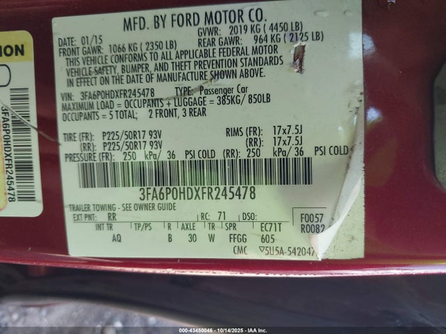 Aukcja sprzedaży 2015 Ford Fusion Se, vin: 3FA6P0HDXFR245478, numer aukcji: 43450046