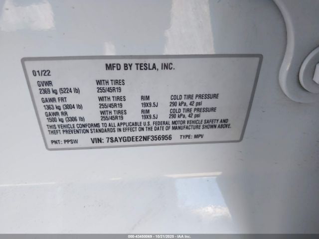 2022 TESLA MODEL Y 7SAYGDEE2NF356956 Photo 8