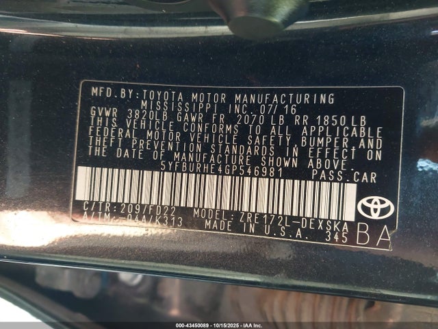 2016 Toyota Corolla S Plus მანქანა იყიდება აუქციონზე, vin: 5YFBURHE4GP546981, აუქციონის ნომერი: 43450089