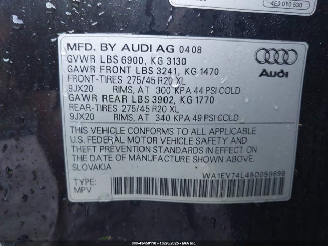 43450110 :رقم المزاد ، WA1EV74L48D059698 vin ، 2008 Audi Q7 4.2 Premium مزاد بيع