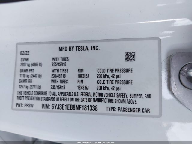2022 TESLA MODEL 3 5YJ3E1EB8NF181338 Photo 8