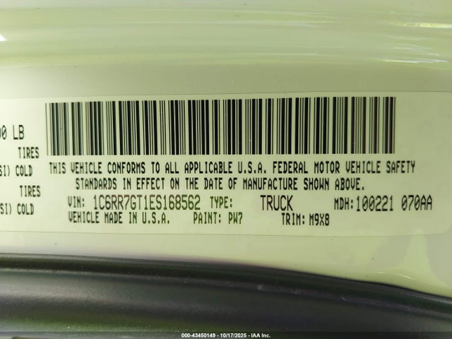 43450149 :رقم المزاد ، 1C6RR7GT1ES168562 vin ، 2014 Ram 1500 Slt مزاد بيع