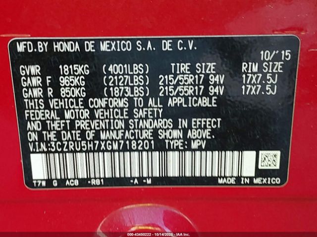 2016 HONDA HR-V 3CZRU5H7XGM718201 Photo 8