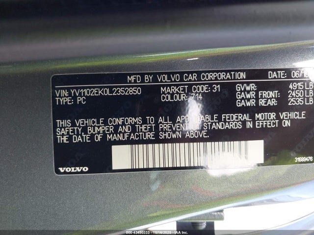 43450333 :رقم المزاد ، YV1102EK0L2352850 vin ، 2020 Volvo V60 T5 Momentum مزاد بيع