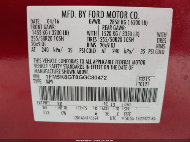 2016 FORD EXPLORER 1FM5K8GT8GGC80472 Photo 8