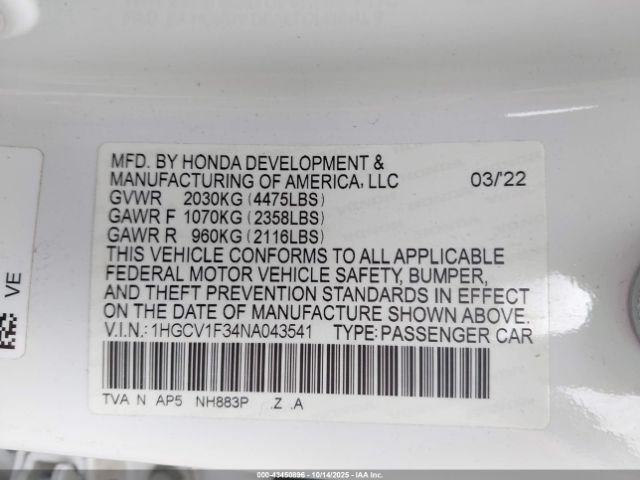 2022 HONDA ACCORD 1HGCV1F34NA043541 Photo 8