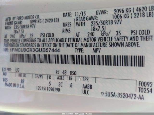 2016 FORD ESCAPE 1FMCU0GX3GUB57444 Photo 8