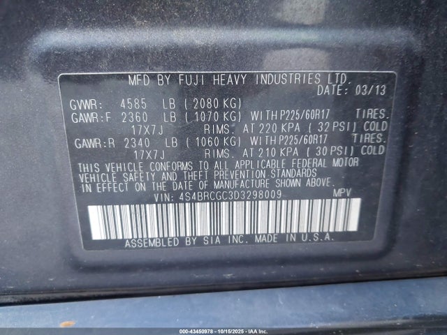 43450978 :رقم المزاد ، 4S4BRCGC3D3298009 vin ، 2013 Subaru Outback 2.5i Premium مزاد بيع