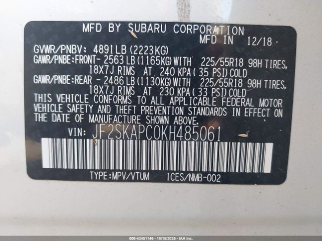 2019 SUBARU FORESTER JF2SKAPC0KH485061 Photo 8