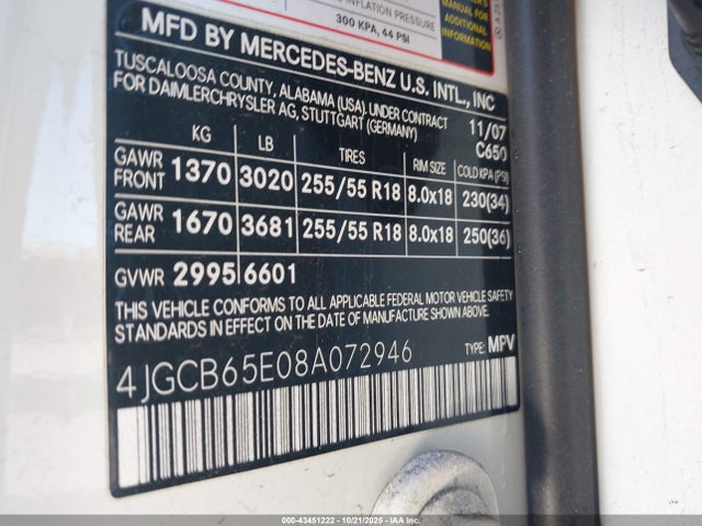 Aukcja sprzedaży 2008 Mercedes-benz R 350 4matic, vin: 4JGCB65E08A072946, numer aukcji: 43451222
