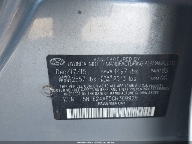 2016 Hyundai Sonata Se მანქანა იყიდება აუქციონზე, vin: 5NPE24AF5GH369928, აუქციონის ნომერი: 43451294