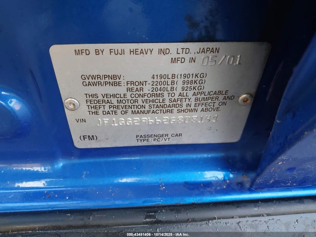 Продаж на аукціоні авто 2002 Subaru Impreza Wrx, vin: JF1GG29662G808141, номер лоту: 43451406