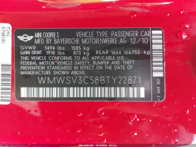 2011 MINI COOPER S WMWSV3C58BTY22871 Photo 8
