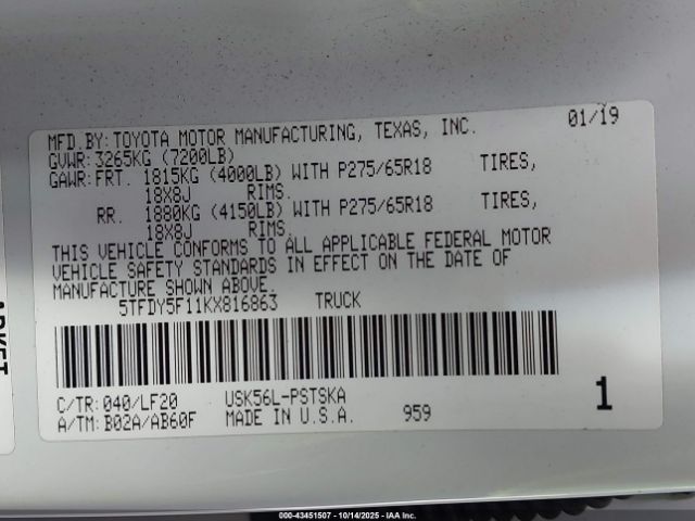 2019 TOYOTA TUNDRA 5TFDY5F11KX816863 Photo 8