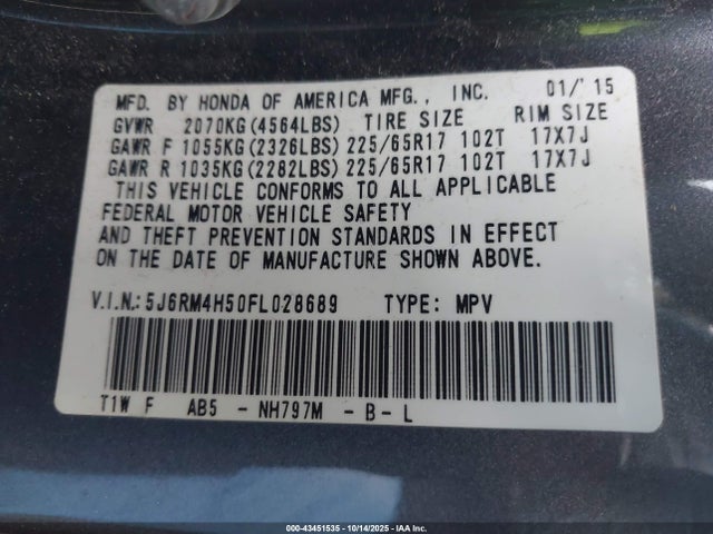 Honda k24w9 2015 5J6RM4H50FL028689 Image 9