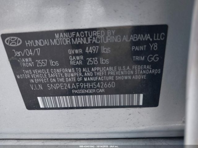 2017 HYUNDAI SONATA 5NPE24AF9HH542660 Photo 8