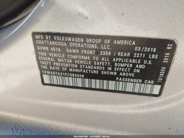 2015 VOLKSWAGEN PASSAT 1VWAS7A31FC083006 Photo 8