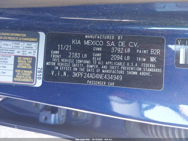 3KPF24AD4NE434949 KIA Forte Lxs