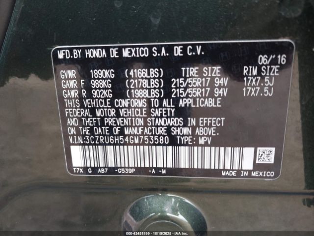 2016 HONDA HR-V 3CZRU6H54GM753580 Photo 8