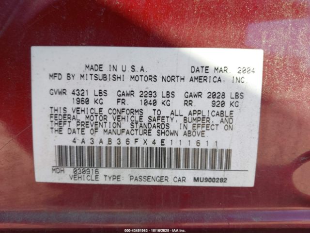 2004 MITSUBISHI GALANT 4A3AB36FX4E111611 Photo 8