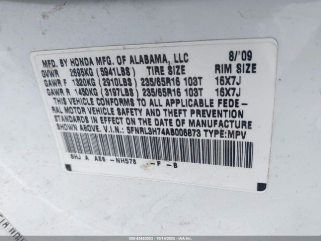 2010 HONDA ODYSSEY 5FNRL3H74AB006873 Photo 8