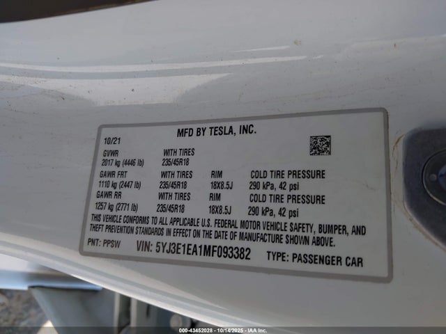 2021 TESLA MODEL 3 5YJ3E1EA1MF093382 Photo 8