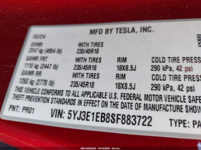 2025 TESLA MODEL 3 5YJ3E1EB8SF883722 Photo 8