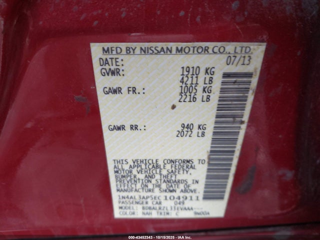Aukcja sprzedaży 2014 Nissan Altima 2.5 S, vin: 1N4AL3AP5EC104911, numer aukcji: 43452343