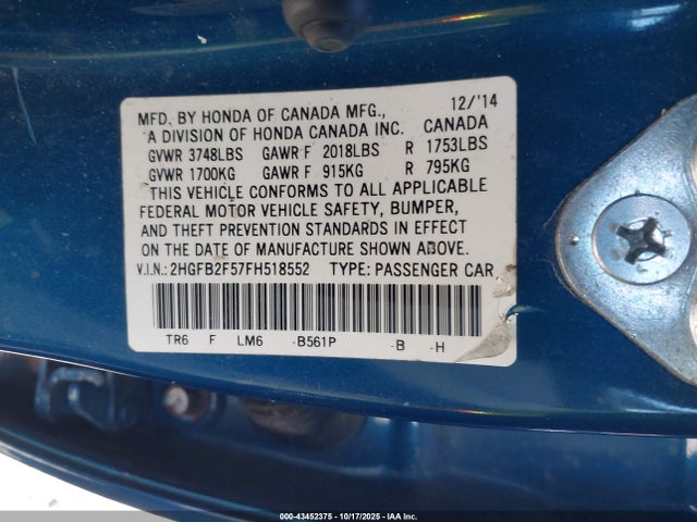 Продажа на аукционе авто 2015 Honda Civic Lx, vin: 2HGFB2F57FH518552, номер лота: 43452375