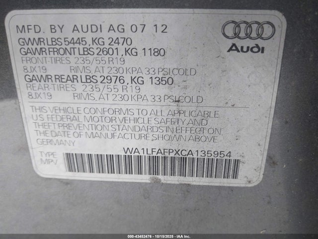 Aukcja sprzedaży 2012 Audi Q5 2.0t Premium, vin: WA1LFAFPXCA135954, numer aukcji: 43452476
