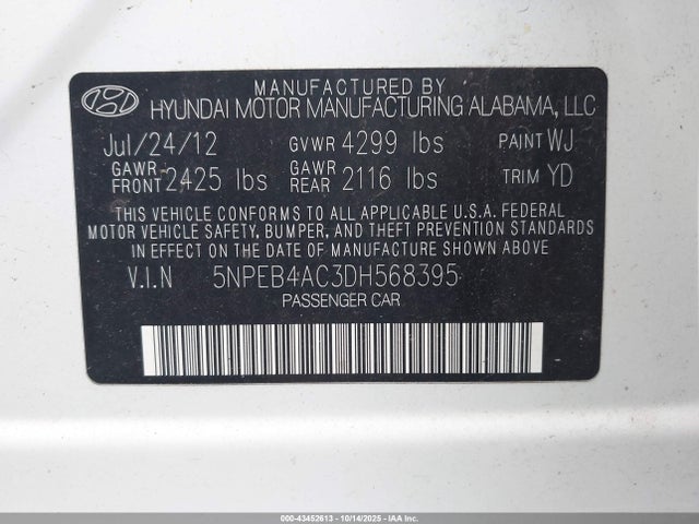Продаж на аукціоні авто 2013 Hyundai Sonata Gls, vin: 5NPEB4AC3DH568395, номер лоту: 43452613