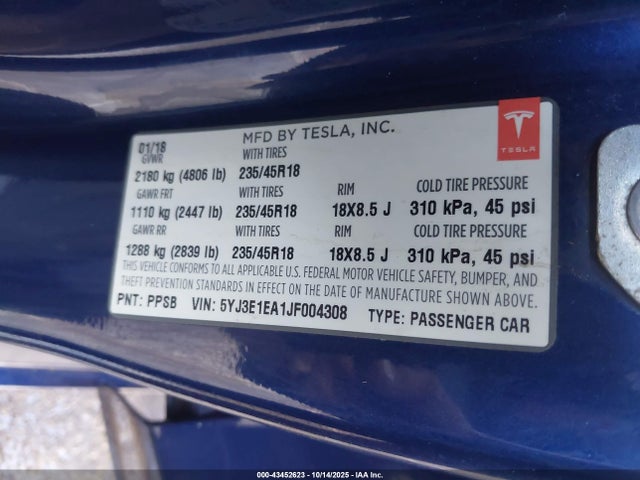 Tesla Model 3 Long Range/mid Range 2018 5YJ3E1EA1JF004308 Image 9