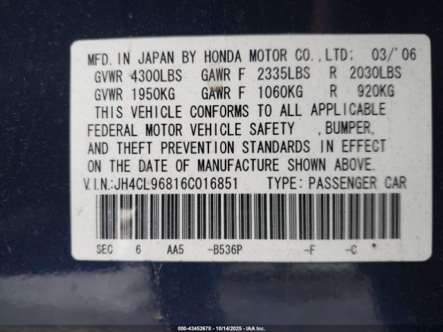 2006 ACURA TSX JH4CL96816C016851 Photo 8