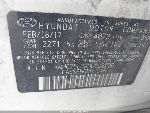 KMHC75LC9HU028536 Hyundai Ioniq Hybrid Sel