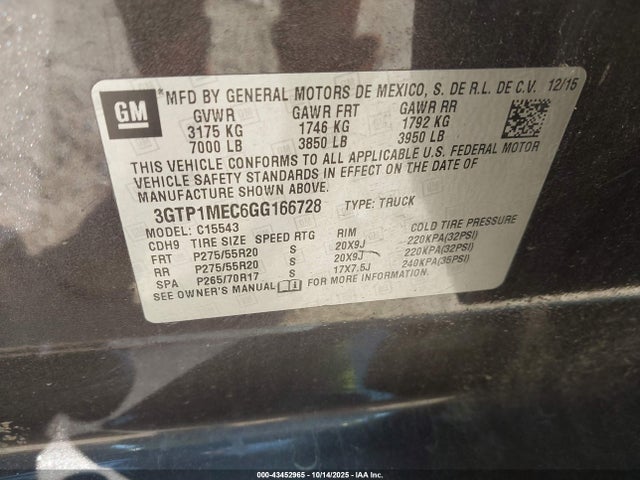 43452965 :رقم المزاد ، 3GTP1MEC6GG166728 vin ، 2016 Gmc Sierra 1500 Sle مزاد بيع