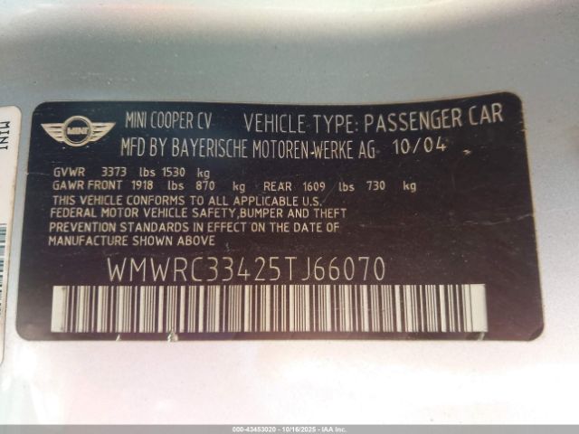 2005 MINI COOPER WMWRC33425TJ66070 Photo 8