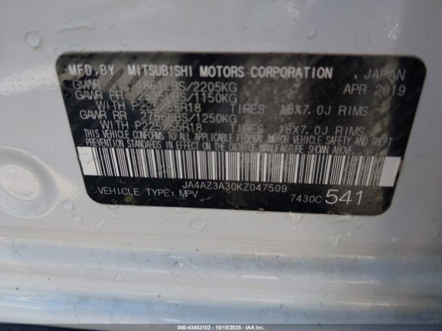 2019 MITSUBISHI OUTLANDER JA4AZ3A30KZ047509 Photo 8