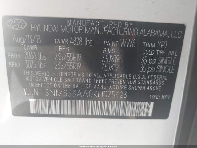 2019 HYUNDAI SANTA FE 5NMS53AA0KH025423 Photo 8