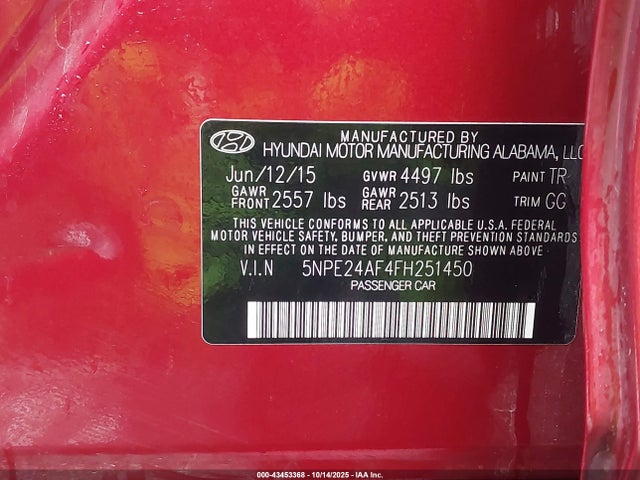 2015 HYUNDAI SONATA 5NPE24AF4FH251450 Photo 8