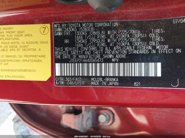 Aukcja sprzedaży 2004 Toyota Highlander V6, vin: JTEEP21A640065473, numer aukcji: 43453381