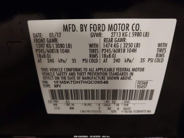 Продаж на аукціоні авто 2017 Ford Explorer Xlt, vin: 1FM5K7DH7HGC09548, номер лоту: 43453604