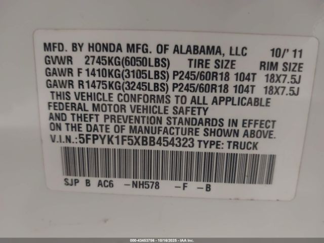 2011 HONDA RIDGELINE 5FPYK1F5XBB454323 Photo 8